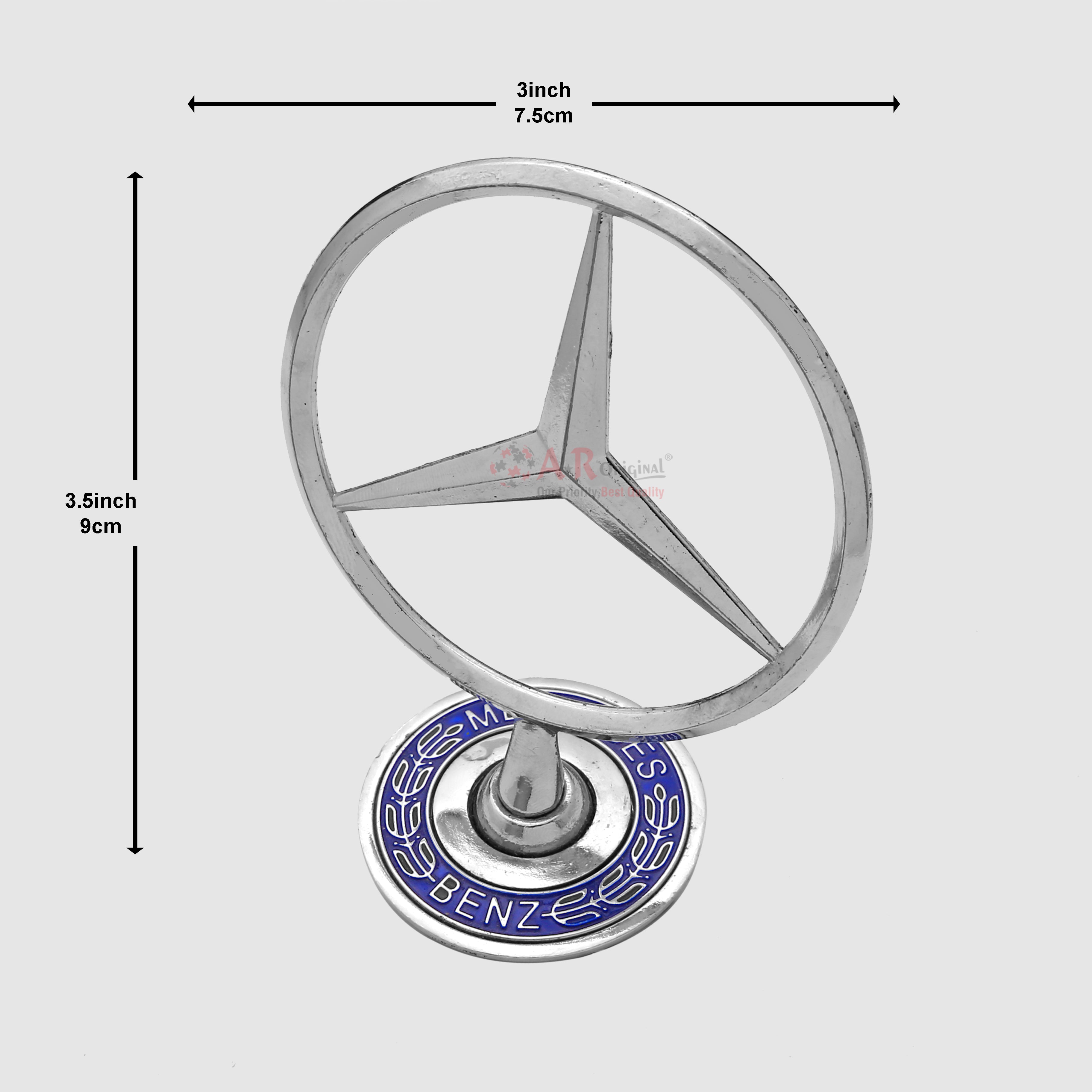 Mercedes Hood Logo B Written 3x3.5inch-7.5x9cm Bonnet Emblem Movable Spring Heavy Chrome IP Badge