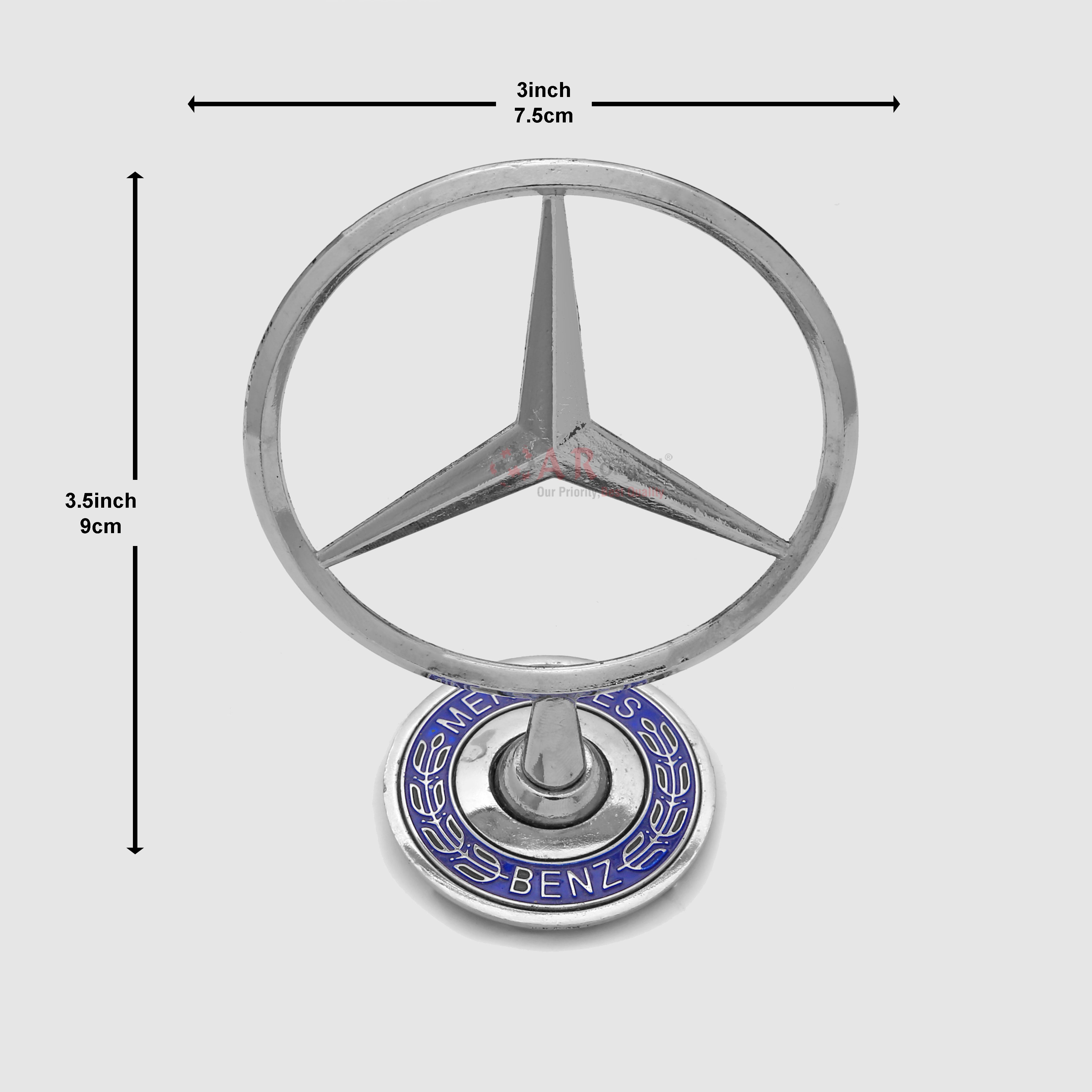Mercedes Hood Logo B Written 3x3.5inch-7.5x9cm Bonnet Emblem Movable Spring Heavy Chrome IP Badge