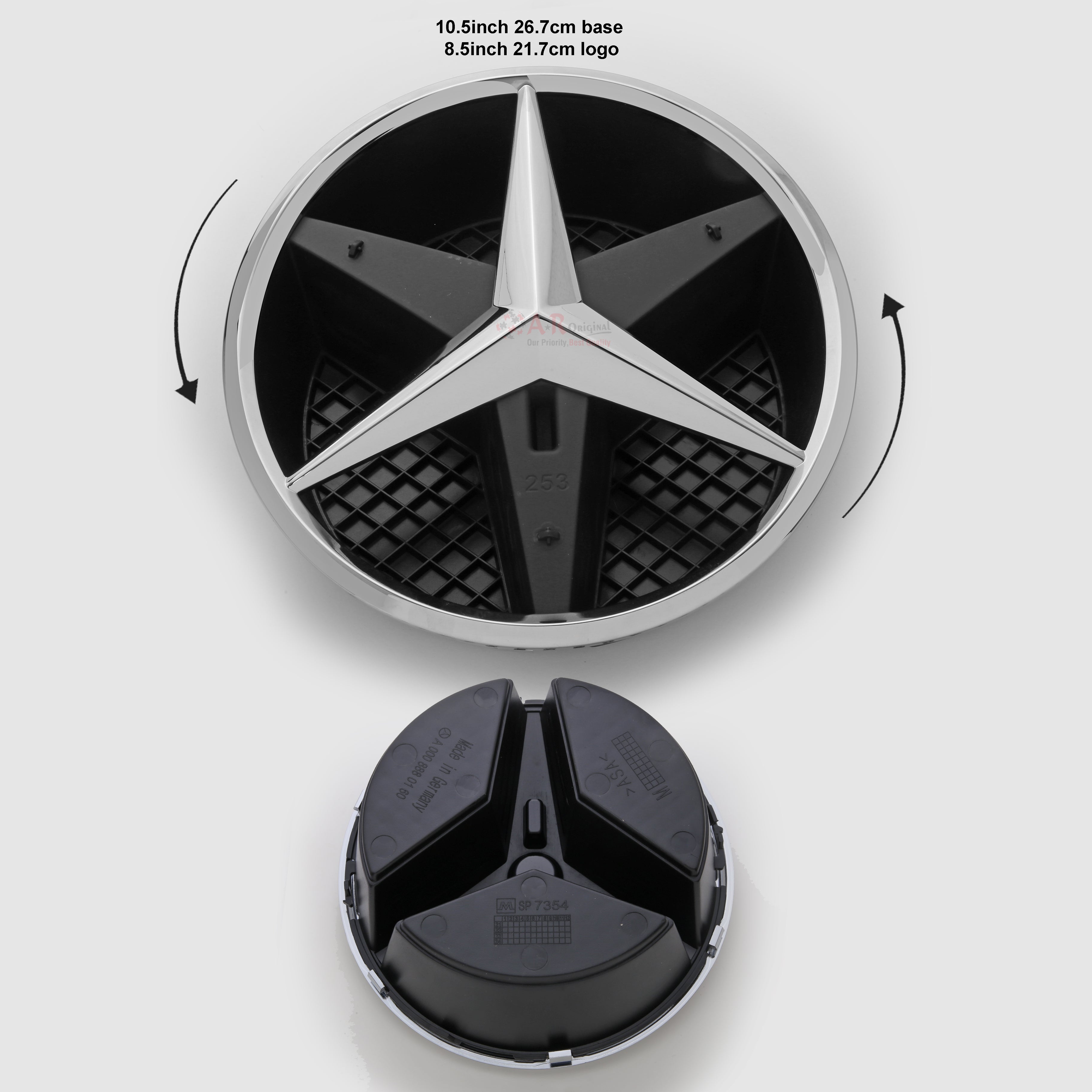 Mercedes Logo #GLC-GLE  Front Grill Black 10.5inch,26.7cm base size- 8.5inch,21.7cm logo size Chrome IP Badge