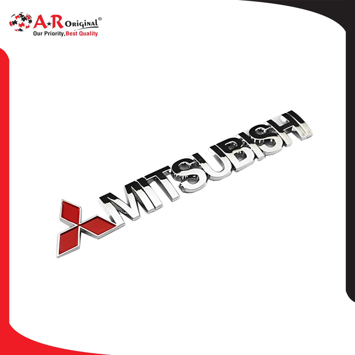 Mitsubishi Emblem 1.2x8inch-2.5x17.5cm Chrome Red IP Badge