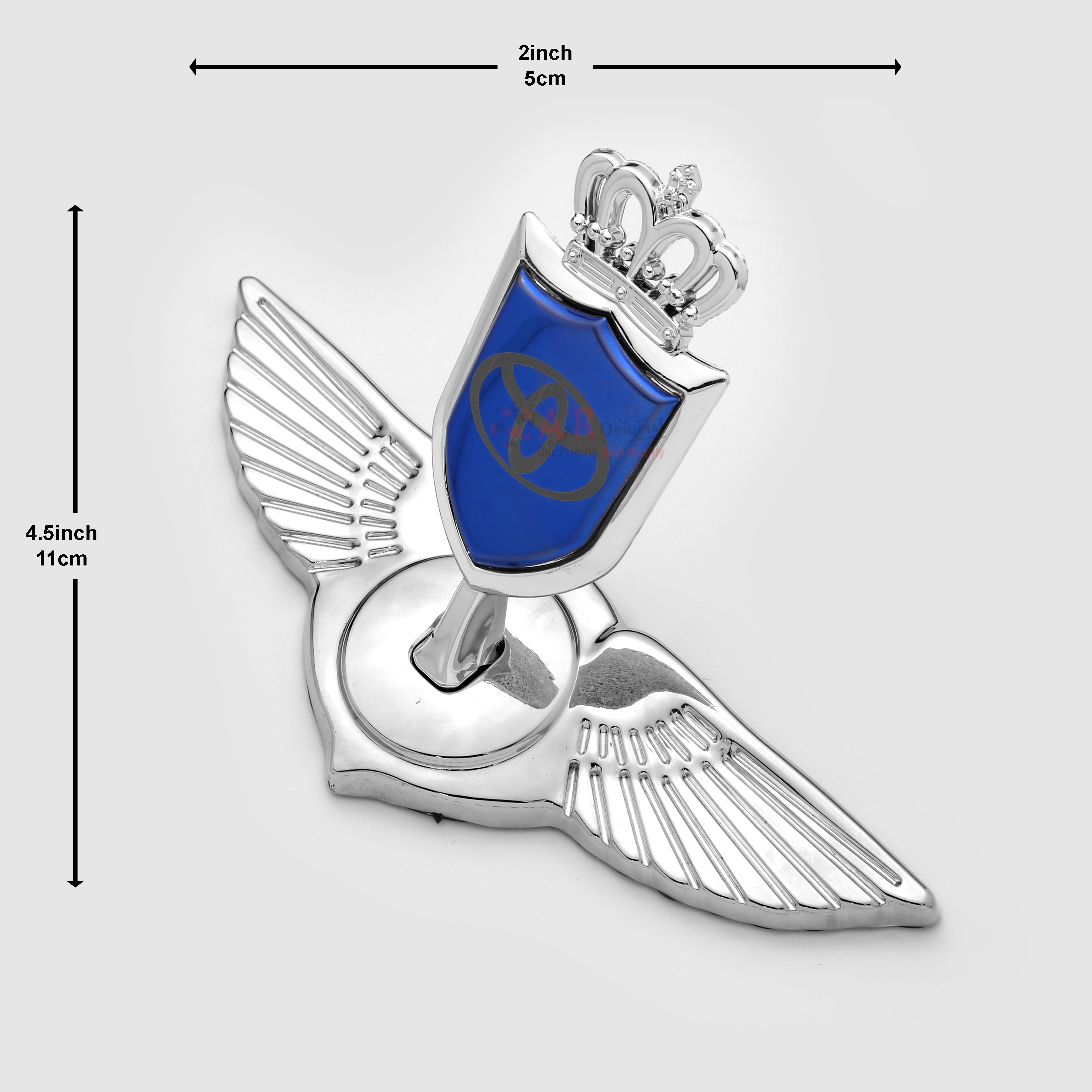Toyota Crown Wing Hood Logo 2x4.5inch-5x11cm Metal Bonnet Emblem Movable Heavy Blue Chrome IP Badge