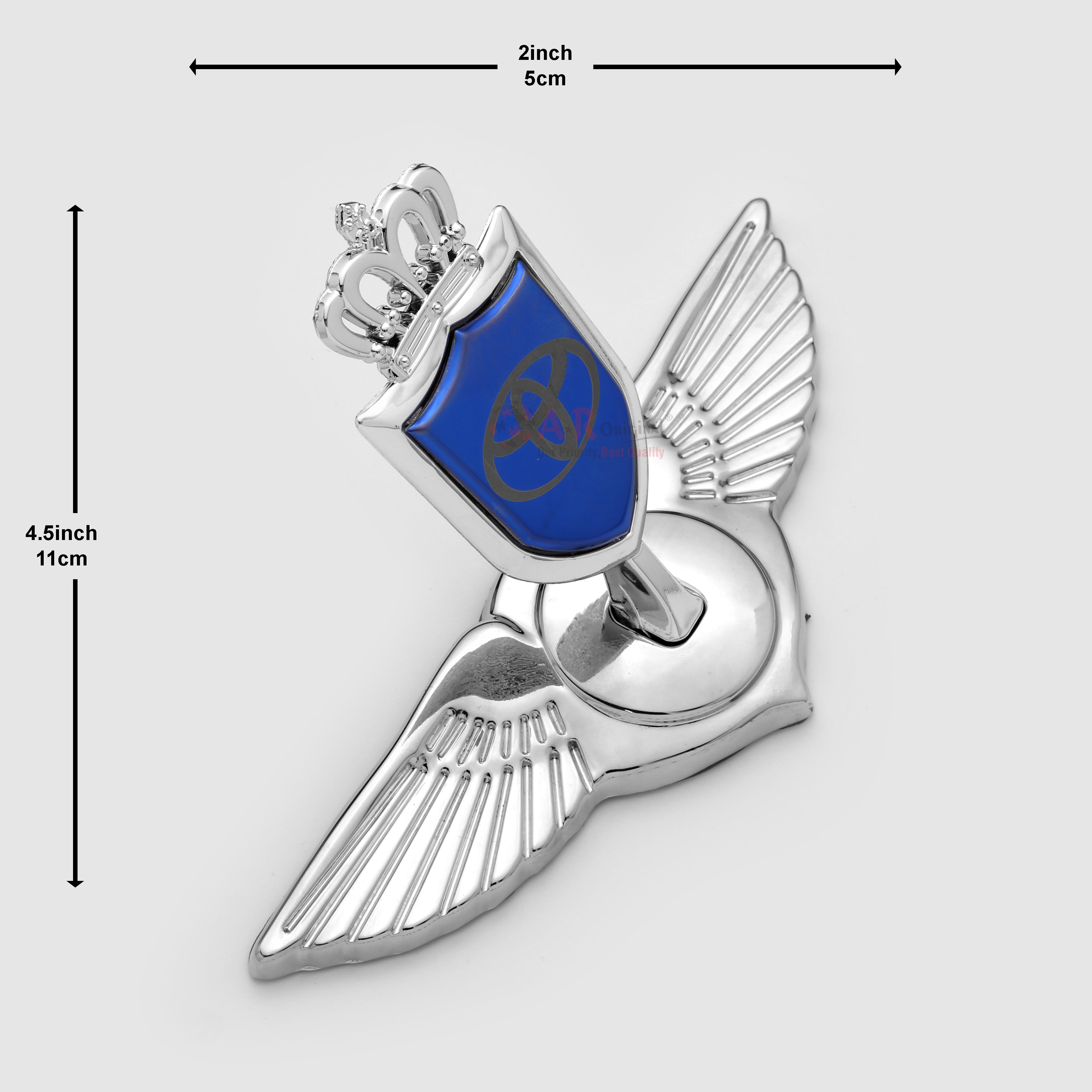 Toyota Crown Wing Hood Logo 2x4.5inch-5x11cm Metal Bonnet Emblem Movable Heavy Blue Chrome IP Badge