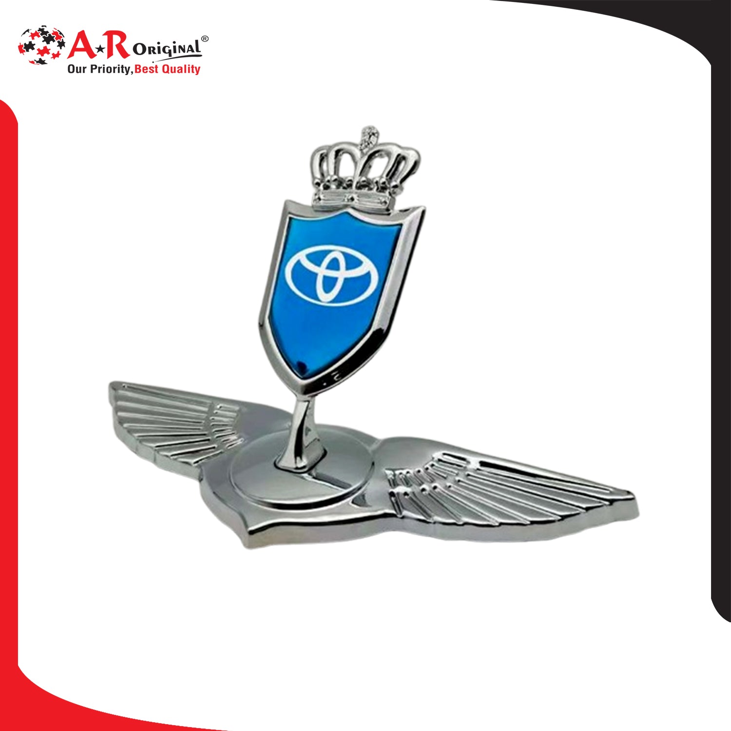 Toyota Crown Wing Hood Logo 2x4.5inch-5x11cm Metal Bonnet Emblem Movable Heavy Blue Chrome IP Badge