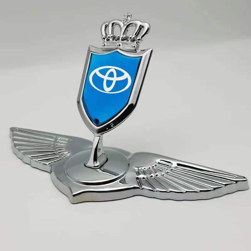 Toyota Crown Wing Hood Logo 2x4.5inch-5x11cm Metal Bonnet Emblem Movable Heavy Blue Chrome IP Badge